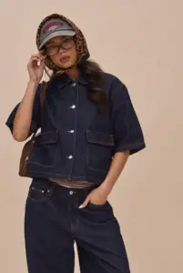 SHEIN MUSERA Boxy Fit Denim Collared Top