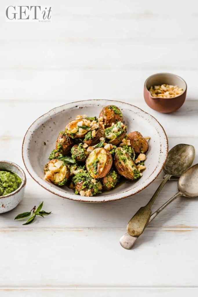 Roasted Potato Salad with Warrigal Greens and Caramelised Macadamia Pesto