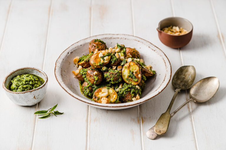 Roasted Potato Salad with Warrigal Greens and Maple-Caramelised Macadamia Pesto