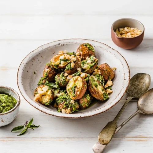 Maple-Roasted Potato Salad with Warrigal Greens and Maple-Caramelised Macadamia Pesto