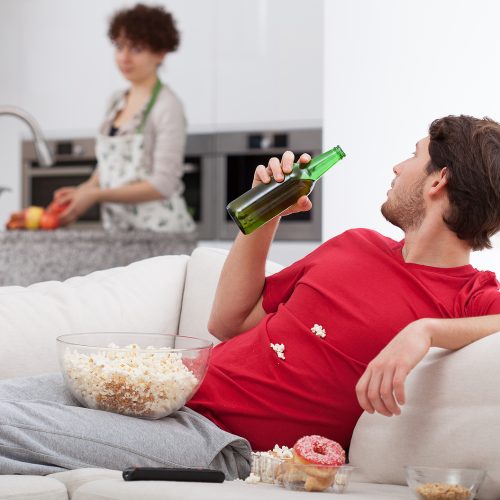 Couch potato doesn't help his wife horizontal